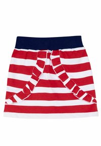 Czerwono-biała spódnica w paski z granatowym pasem, z falbaniastymi akcentami po bokach. Wykonana z miękkiego materiału, zaprojektowana w stylu rozkloszowanym.