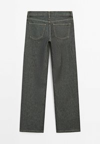 Donkergrijze denim jeans met een rechte pijp, voorzien van een standaard tailleband, diagonale voorzakken en twee achterzakken.