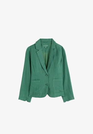 Zelené lenové sako s vykrojeným límcem, dvěma předními kapsami a zapínáním na dva knoflíky. Lehká textilie a volný střih, ideální pro vrstvení.