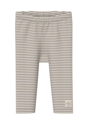 Grau- und cremefarbene gestreifte Leggings mit einem elastischen Taillenbund und einem kleinen Logo-Patch unten links auf einem glatten Stoff.