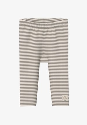 Leggings rayés gris et crème avec une taille élastique et un petit patch logo en bas à gauche sur un tissu lisse.
