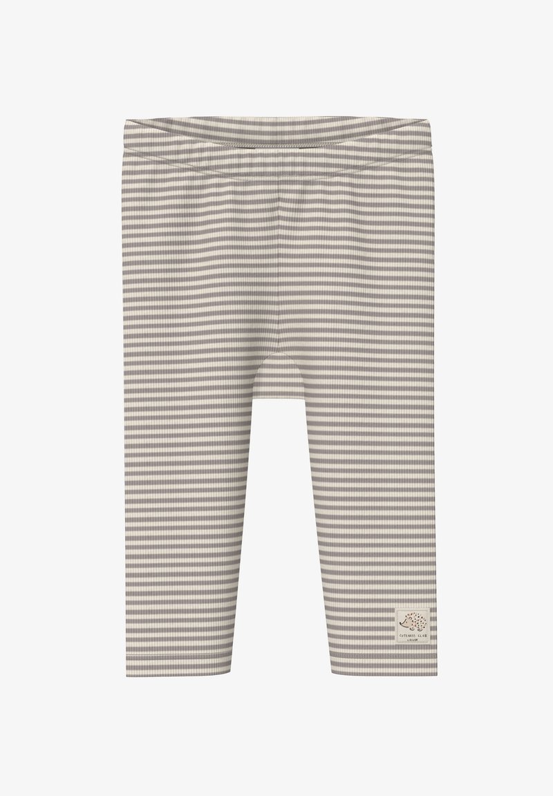 Szare i kremowe legginsy w paski z elastycznym pasem w talii oraz małą łatką z logo w lewym dolnym rogu, wykonane z gładkiego materiału.