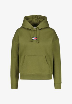 Olivově zelená mikina s kapucí, přední kapsou, stahovací kapucí, žebrovanými manžetami a malou obdélníkovou nášivkou "Tommy Jeans" umístěnou ve středu hrudníku.