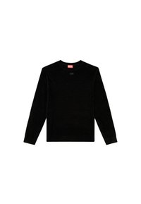 Maglione nero a maniche lunghe realizzato in tessuto morbido con colletto a girocollo, caratterizzato da un logo discreto al centro e polsini e orlo a coste.