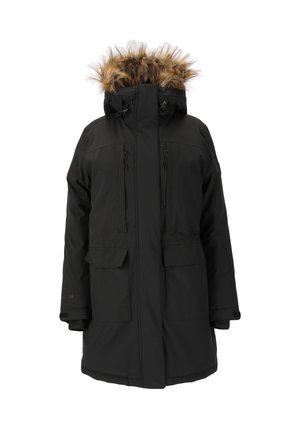 Sort parka-jakke med hætte foret med faux pels, frontlynt og to store brystlommer. Lavet af et glat, slidstærkt stof.