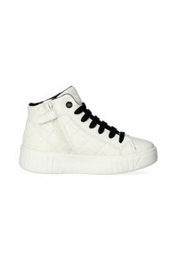 Sneaker high-top bianco a trapuntatura con lacci neri, chiusura con zip, punta rotonda e suola in gomma testurizzata. Gli accenti includono una fodera nera e dettagli in cucitura.