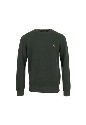 Jersey verde oscuro de manga larga con cuello redondo y un pequeño logotipo bordado en amarillo de una corona de laurel en el pecho izquierdo.