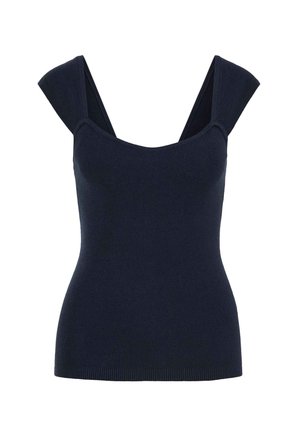Pieguļošs tumši zils ribveida džemperveida tops ar platām plecu lencēm un kvadrātveida izgriezumu.