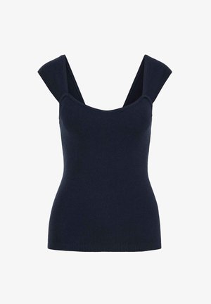 Pieguļošs tumši zils ribveida džemperveida tops ar platām plecu lencēm un kvadrātveida izgriezumu.