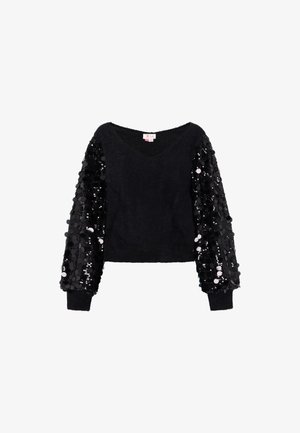 Pullover nero corto con un corpo morbido e peloso e maniche a sbuffo nere con paillettes. Caratterizzato da un profondo scollo a V e polsini a costine.