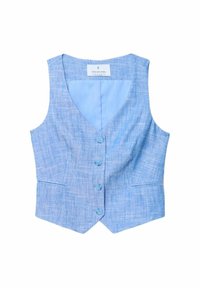 Světlomodrý lněný vest s V výstřihem, šesti knoflíky vpředu a dvěma bočními kapsami. Hladká textura a propracovaný design pro přiléhavý vzhled.