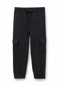 Schwarze Jogginghose aus weichem Stoff, mit elastischem Taillenbund, Kordelzug und zwei seitlichen Cargo-Taschen. Mit Bündchen an den Knöcheln.
