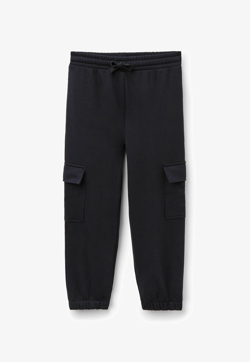 Schwarze Jogginghose aus weichem Stoff, mit elastischem Taillenbund, Kordelzug und zwei seitlichen Cargo-Taschen. Mit Bündchen an den Knöcheln.