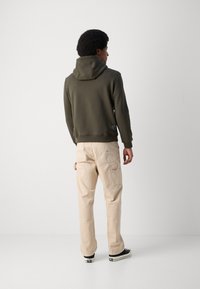 Sweat à capuche vert foncé, associé à un pantalon cargo beige avec plusieurs poches. Le mannequin se tient contre un fond blanc uni.