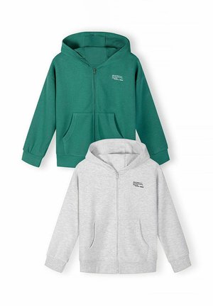 Bluzy z kapturem na suwak w kolorach zielonym i jasnoszarym z przednimi kieszeniami i małym nadrukiem na lewej piersi.