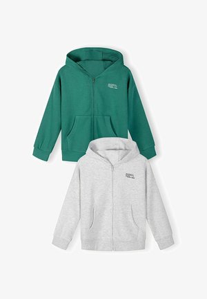 Kapuzensweatshirts mit Reißverschluss in Grün und Hellgrau, mit Fronttaschen und kleinem aufgedrucktem Text auf der linken Brust.