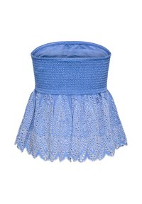 Haut bleu sans bretelles avec partie supérieure smockée et motif en dentelle à œillets brodé sur la moitié inférieure évasée et ourlet festonné.