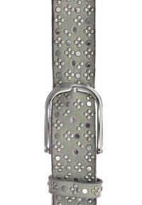 Gray leather belt with metallic studs and circular accents. Features a silver metal buckle and a smooth texture.