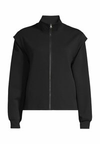 Chaqueta negra con cremallera y cuello alto, hecha de un tejido suave. Presenta mangas largas y acentos en las costuras de los hombros para un aspecto estructurado.
