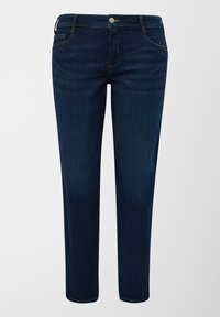 Tmavě modré džíny s úzkým střihem, designem se pěti kapsami, kovovým knoflíkem na zapínání a kontrastním prošíváním podél švů.