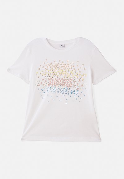 Balta, trumpa rankovė t-shirtą su spalvingais gėlių raštais geltonos, rožinės ir mėlynos spalvų. Minkšta medvilnė, laisvas siluetas.