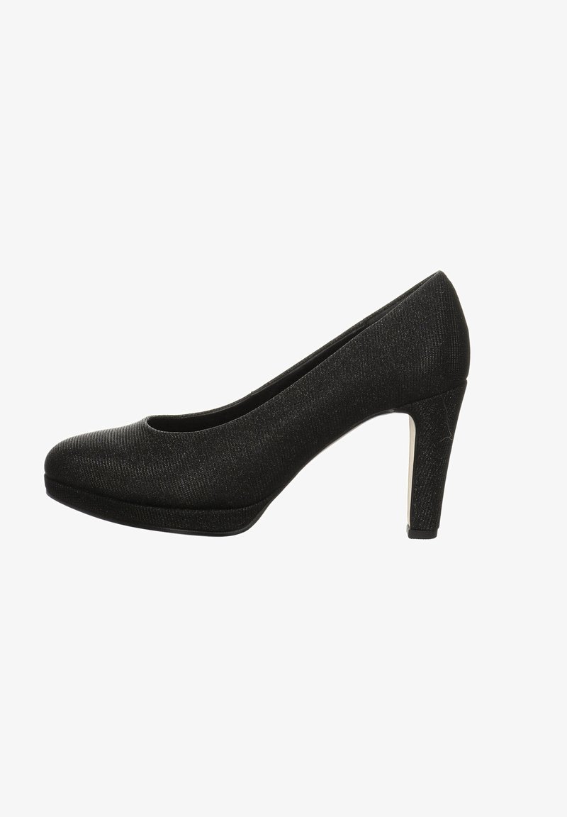 Escarpin à talon haut pour femmes noires, avec bout arrondi, texture en tissu et talon épais sur fond blanc.
