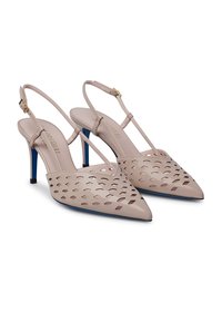 Beige slingback heels with pointed toes, cut-out patterns, and blue heel accents. Made of shiny material with a thin ankle strap.