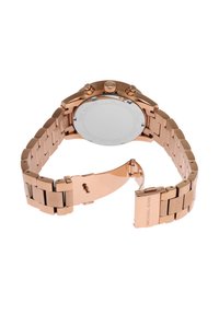 Montre en acier inoxydable rose gold avec un bracelet à maillons, boîtier rond et double poussoirs sur le côté. Le dos est lisse et gravé.
