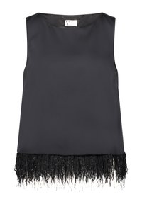 Czarny bezrękawnik z gładkiego materiału, z frędzlami na dole ozdobionymi błyszczącymi akcentami, dodającymi tekstury i detali.