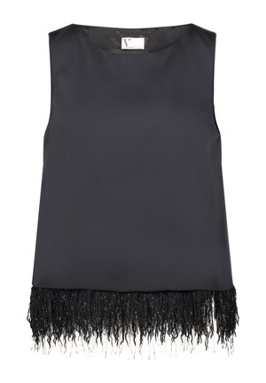 Schwarzes ärmelloses Oberteil aus glattem Stoff, mit einem Fransenabschluss und funkelnden Akzenten für zusätzliche Textur und Details.
