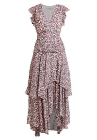 Sukienka maxi w cętkowany wzór z dekoltem kopertowym, rękawami z falbanami, warstwowym asymetrycznym dołem, w odcieniach różu i beżu. Miękka, zwiewna tkanina.