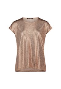 T-shirt à manches courtes en tissu bronze métallisé avec une texture subtile et des rayures horizontales. Col rond et coupe décontractée.
