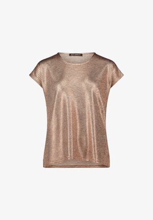 Krótki rękaw top w metalicznej brązowej tkaninie o subtelnej fakturze i poziomych paskach. Okrągły dekolt i luźny krój.