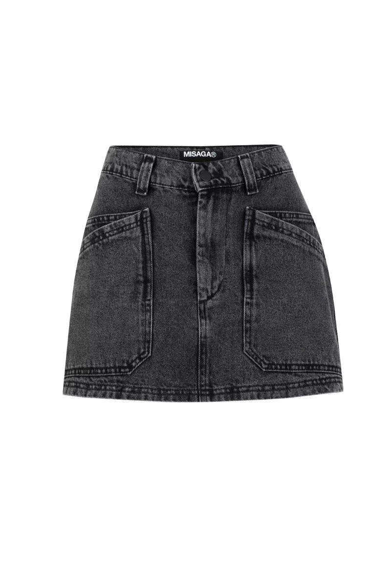 Zwarte denim rok met een aangesloten silhouette, voorzien van twee grote voorzakken, riemlussen en een knoopsluiting op de taille.