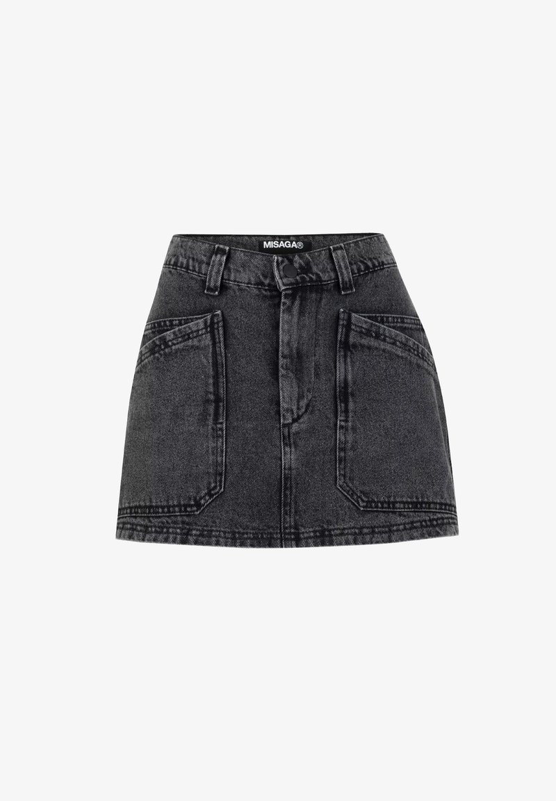Zwarte denim rok met een aangesloten silhouette, voorzien van twee grote voorzakken, riemlussen en een knoopsluiting op de taille.