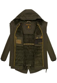 Olive green jacket with a soft plush lining, yellow accents, and multiple interior pockets. Features a removable hood and zippers.