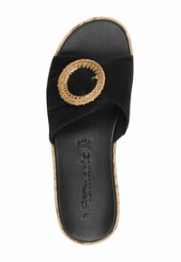 Sandal in suede nero a scivolo con dettaglio circolare intrecciato in cuoio, dotata di una suola in sughero e un interno liscio nero.
