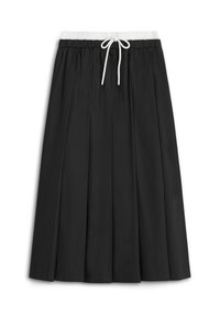 Zwarte geplooide rok met elastische tailleband en trekkoorddetail. Gemaakt van gladde stof, met een eenvoudig, vloeiend ontwerp.