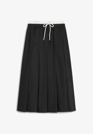 Czarna plisowana spódnica z elastycznym paskiem w talii i szczegółami ze sznurkiem. Wykonana z gładkiego materiału, cechująca się prostym, swobodnym krojem.