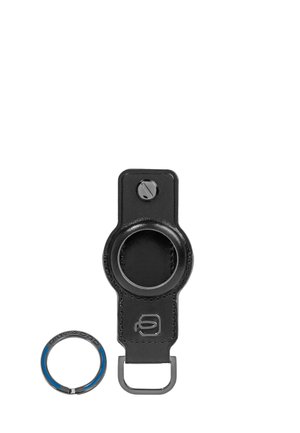 Portachiavi in pelle nera con vite e anello in metallo, progettato per fissare un piccolo dispositivo rotondo o un accessorio.