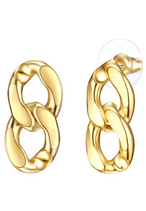 Goldene Kettenohrringe mit polierter Oberfläche, die aus miteinander verbundenen ovalen und runden Formen bestehen. Transparentes Gummi-Hintergrundstück inklusive.