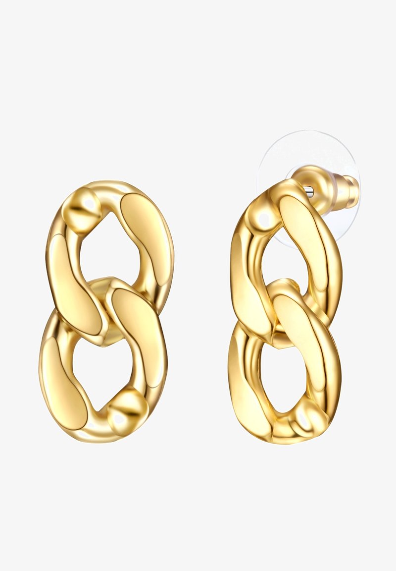 Auksinės grandinėlės auskarai su poliruota apdaila, turintys tarpusavyje sujungtus ovalius ir apvalius formatus. Į komplektą įeina skaidrūs gumos laikikliai.