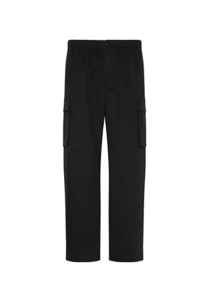 Schwarze gerade geschnittene Cargohosen mit elastischem Bund, Knopfverschluss und zwei Klappentaschen an den Seiten.