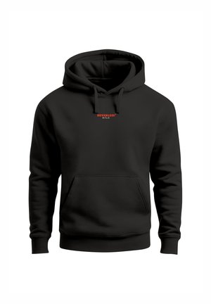 Schwarzer Kapuzenpullover mit Fronttasche und rotem "NEVERLESS"-Schriftzug mit kleinen japanischen Zeichen darunter auf der Brust.
