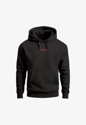 Schwarzer Kapuzenpullover mit Fronttasche und rotem "NEVERLESS"-Schriftzug mit kleinen japanischen Zeichen darunter auf der Brust.