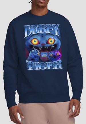 Navy sweatshirt with large graphic of three colorful cartoon tiger faces and text "DERPY TIGER" in stylized icy letters.