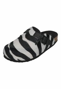 Black and white zebra-patterned clog featuring a smooth fur texture, adjustable black strap, and a durable sole with rounded shape.