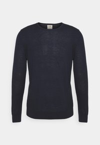 Granatowy sweter z długim rękawem i okrągłym dekoltem. Wykonany z miękkiego, lekkiego materiału o gładkiej fakturze. Prosty design, bez widocznych wzorów czy akcentów.