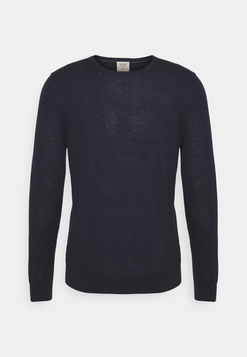Granatowy sweter z długim rękawem i okrągłym dekoltem. Wykonany z miękkiego, lekkiego materiału o gładkiej fakturze. Prosty design, bez widocznych wzorów czy akcentów.