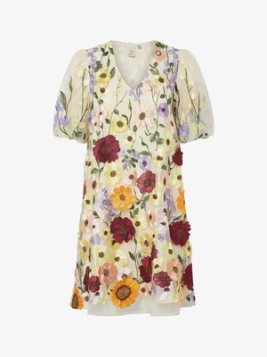 Floral embroidered dress with a V-neck, short sheer puff sleeves, and a light yellow fabric featuring colorful flowers and green leaves.
